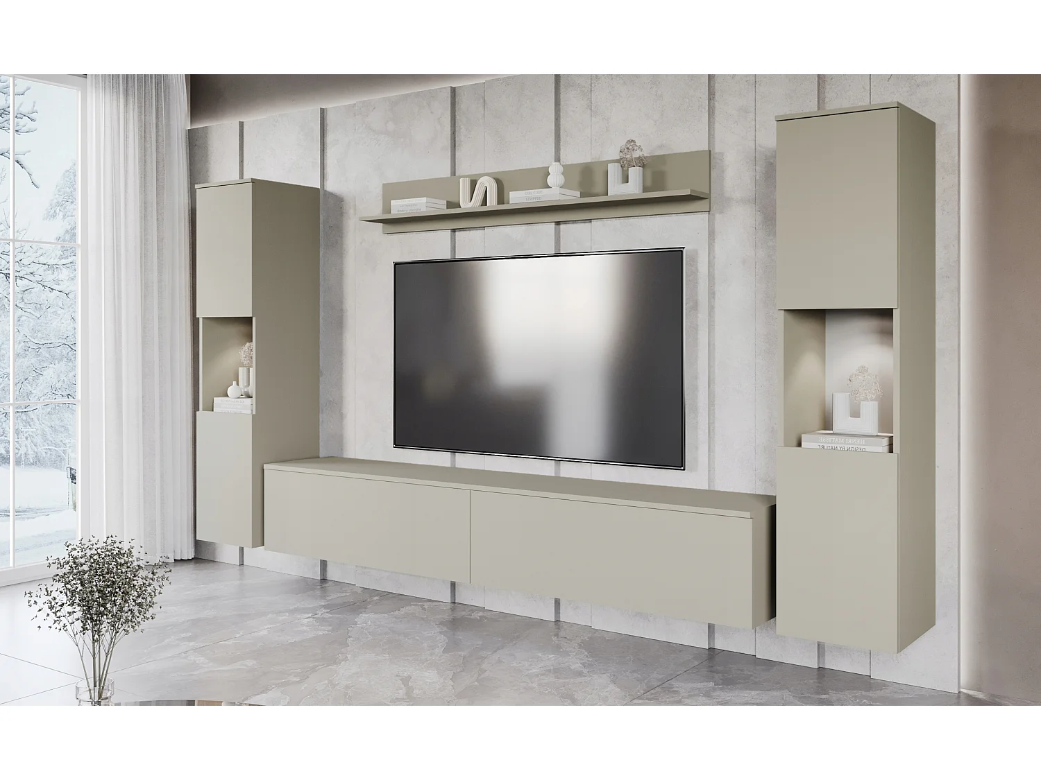 Mural TV moderne 4 éléments pour salon – beige cachemire mat, 2 colonnes et meuble TV 180 cm