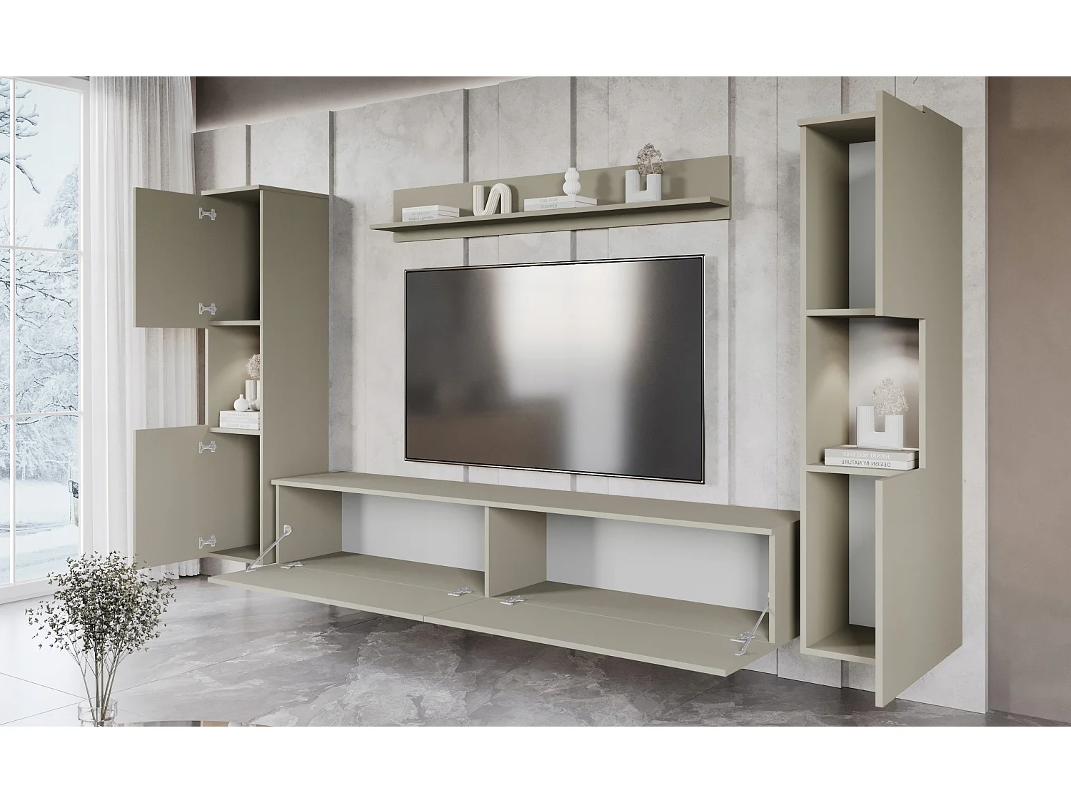 Mural TV moderne 4 éléments pour salon – beige cachemire mat, 2 colonnes et meuble TV 180 cm