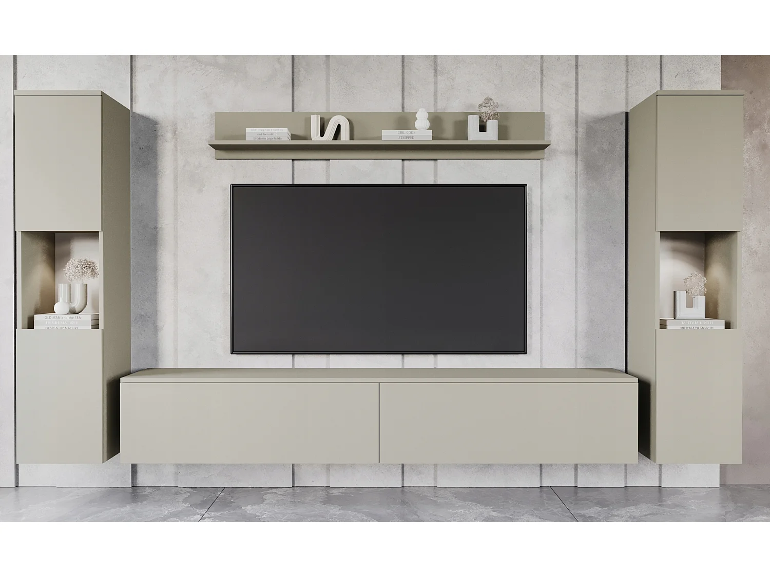 Mural TV moderne 4 éléments pour salon – beige cachemire mat, 2 colonnes et meuble TV 180 cm