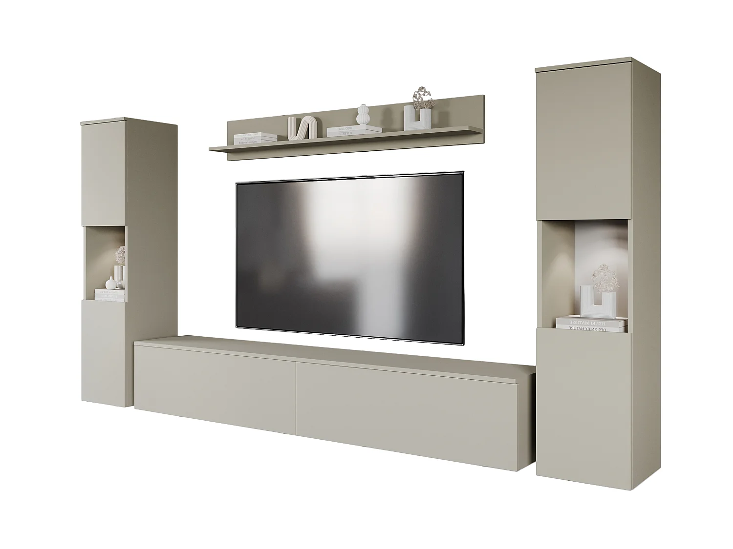 Moderne woonwand 4-delig voor woonkamer – kasjmier beige mat, 2 kolommen en tv-meubel 180 cm