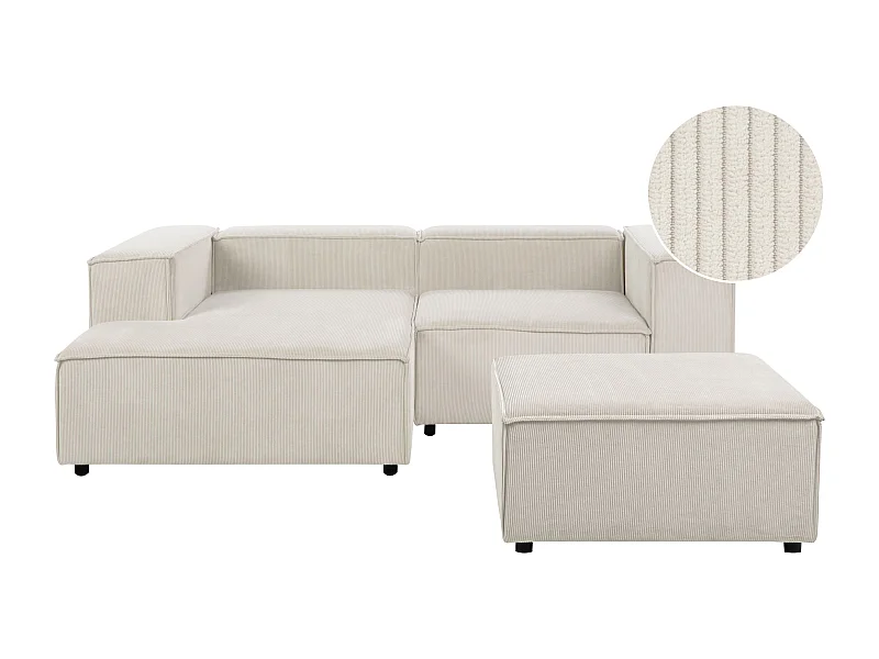 Canapé d\'angle modulable 3 places ARDAL Velours côtelé Blanc cassé avec ottoman Côté droit