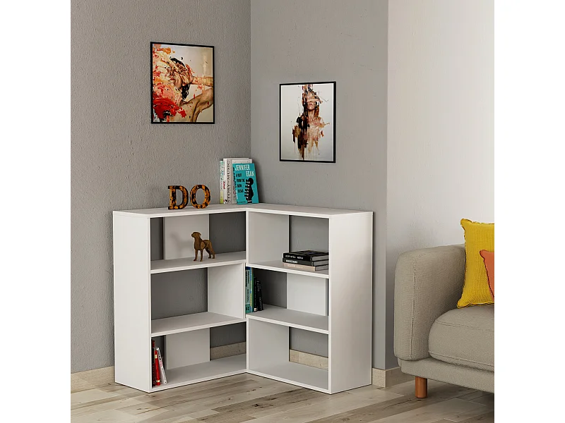 Decortie Molly Bibliothèque d'angle moderne 3 étages Séparateur de pièce Meuble de rangement autoportant Finition mélamine Blanc 89cm