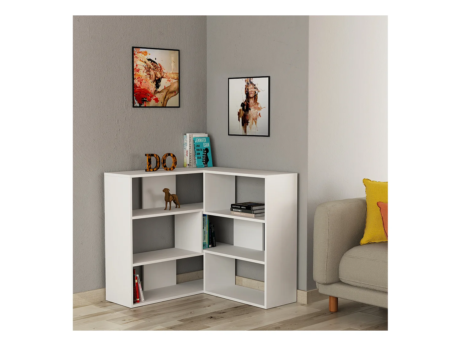 Decortie Molly Bibliothèque d'angle moderne 3 étages Séparateur de pièce Meuble de rangement autoportant Finition mélamine Blanc 89cm