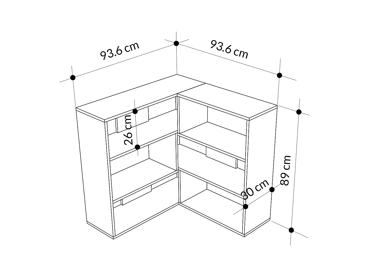 Decortie Molly Bibliothèque d'angle moderne 3 étages Séparateur de pièce Meuble de rangement autoportant Finition mélamine Blanc 89cm