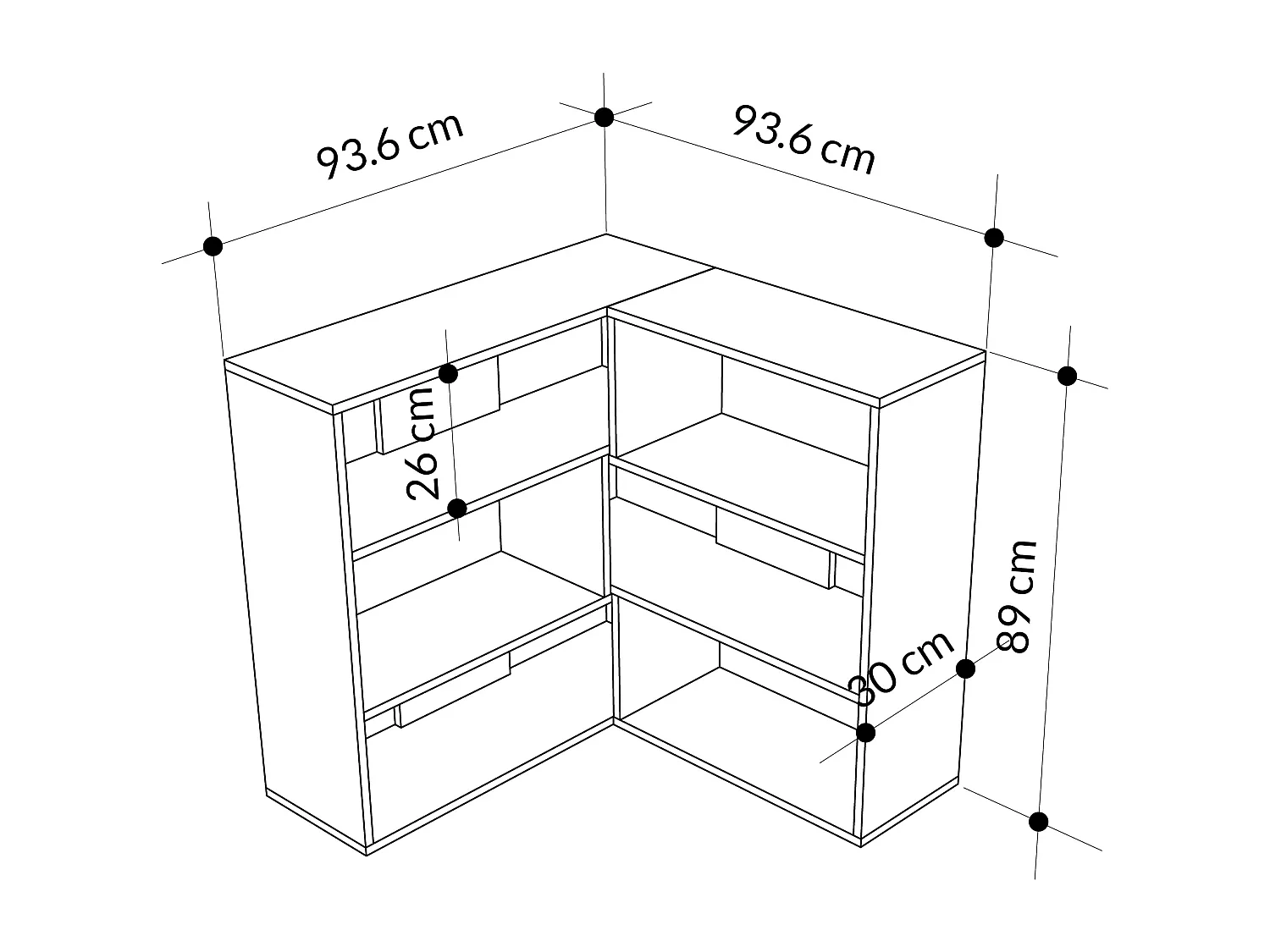 Decortie Molly Bibliothèque d'angle moderne 3 étages Séparateur de pièce Meuble de rangement autoportant Finition mélamine Blanc 89cm