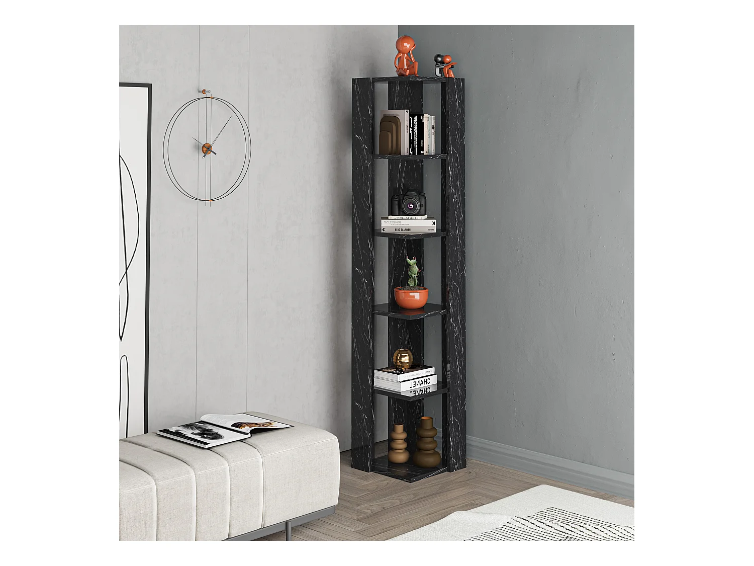 Decortie Nati Tall Corner Bookcase Modern Shelving Unit Space-Saving Storage Black Marble Effect 161cm