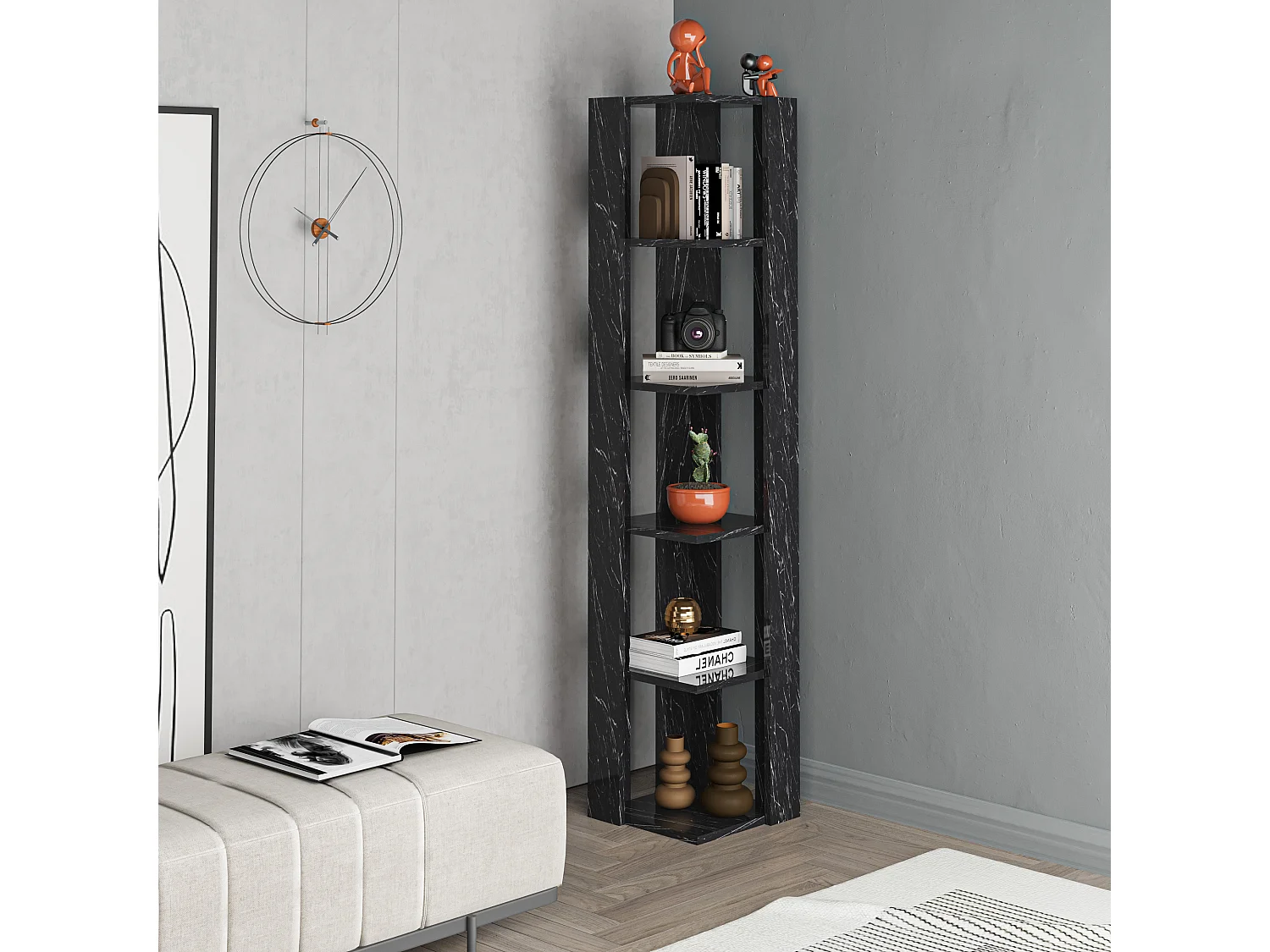 Decortie Nati Tall Corner Bookcase Modern Shelving Unit Space-Saving Storage Black Marble Effect 161cm