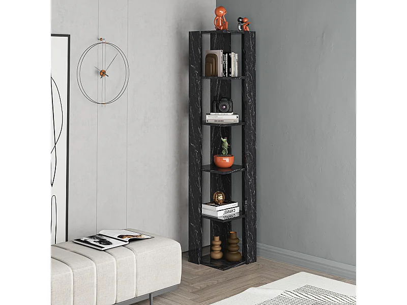 Decortie Nati Tall Corner Bookcase Modern Shelving Unit Space-Saving Storage Black Marble Effect 161cm