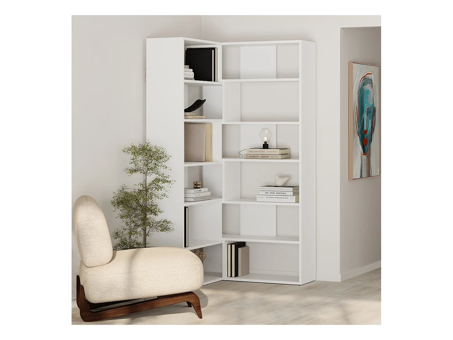 Decortie Molly Bibliothèque d'angle à 5 niveaux blanche à fixer au mur 178.6x93.6x29.6cm