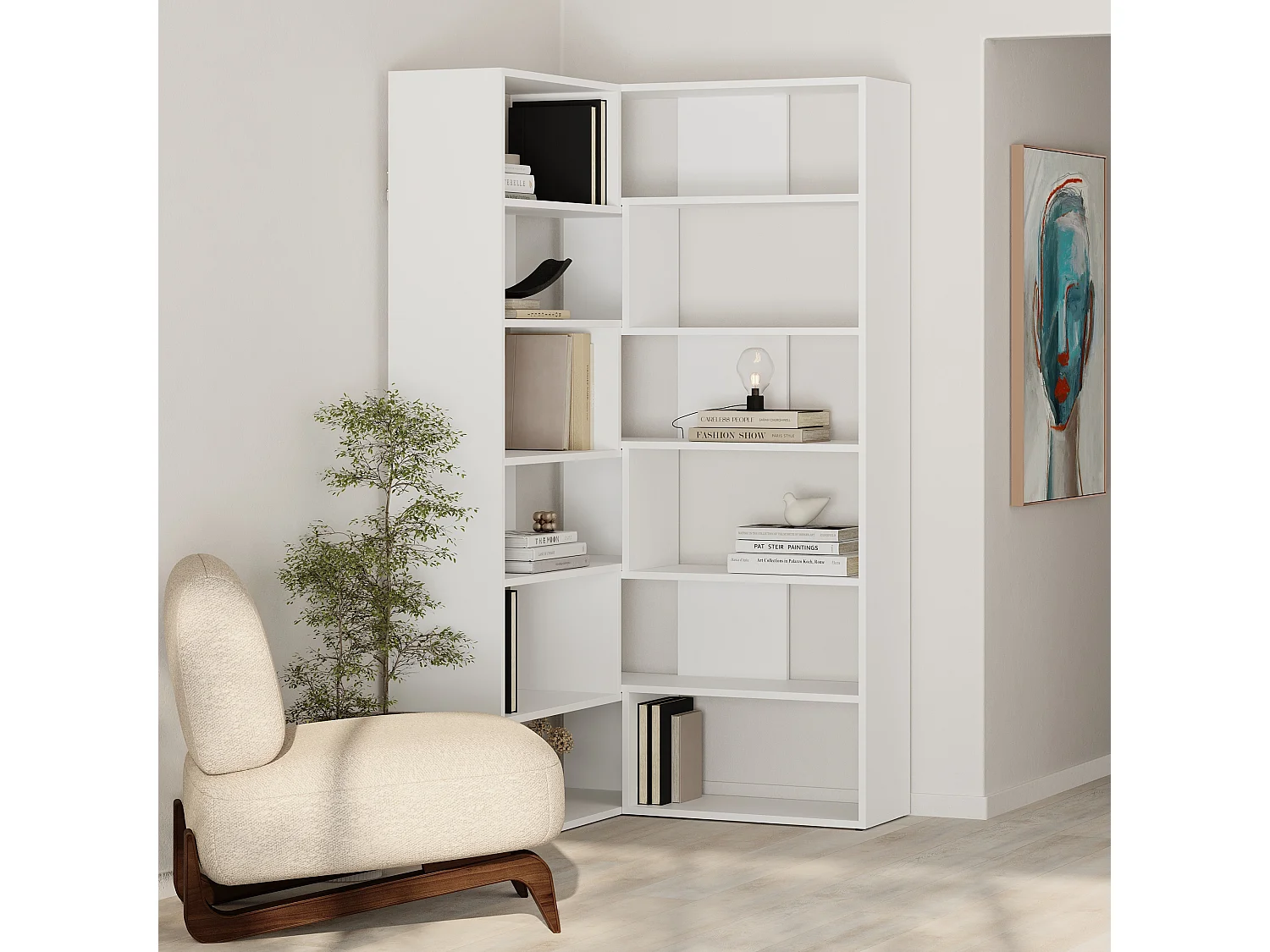 Decortie Molly Bibliothèque d'angle à 5 niveaux blanche à fixer au mur 178.6x93.6x29.6cm