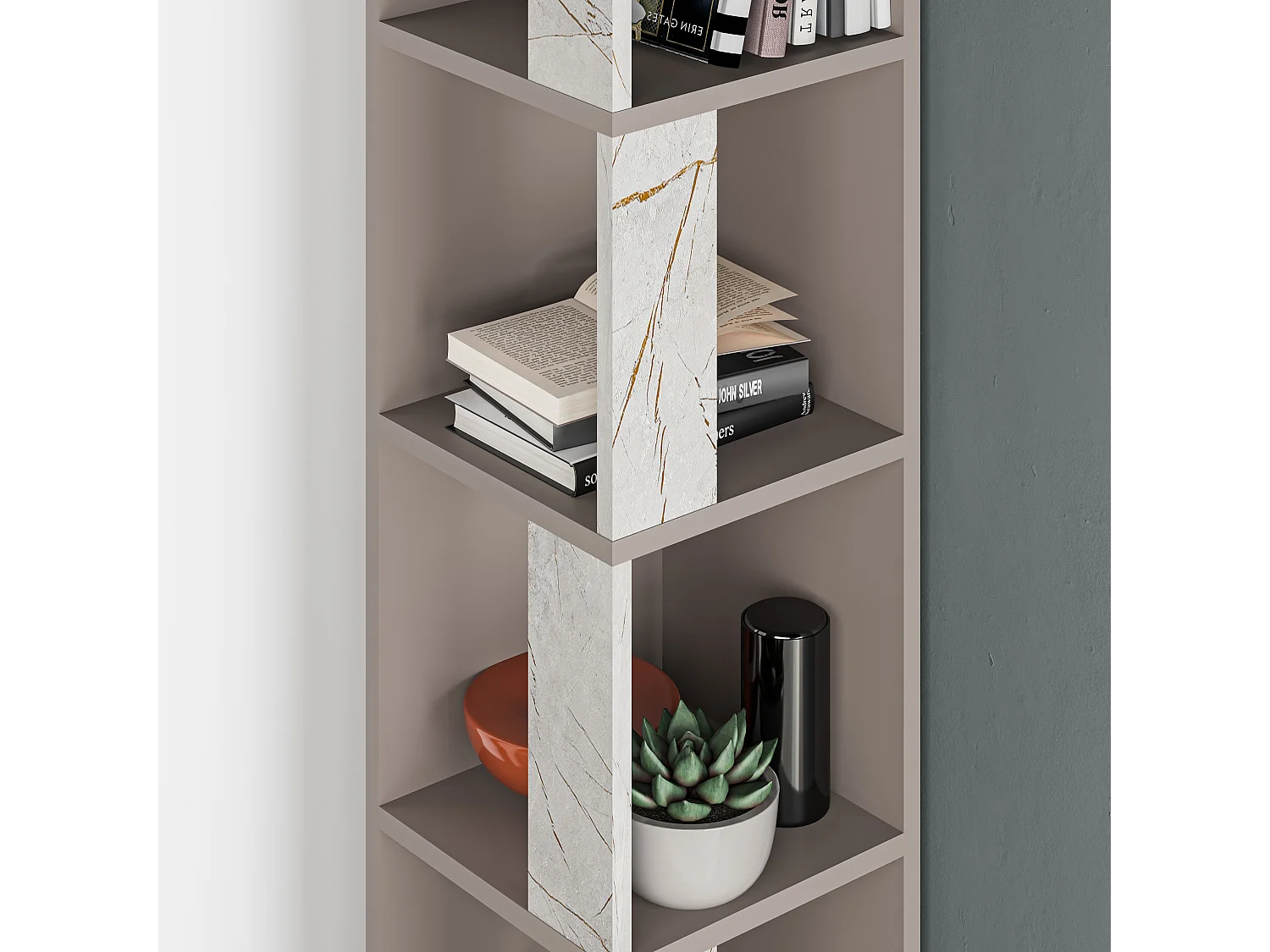 Decortie Piano Modern Corner Bookcase Display Unit Mocha Grey, Gold Marble Effect Tall 158.9cm