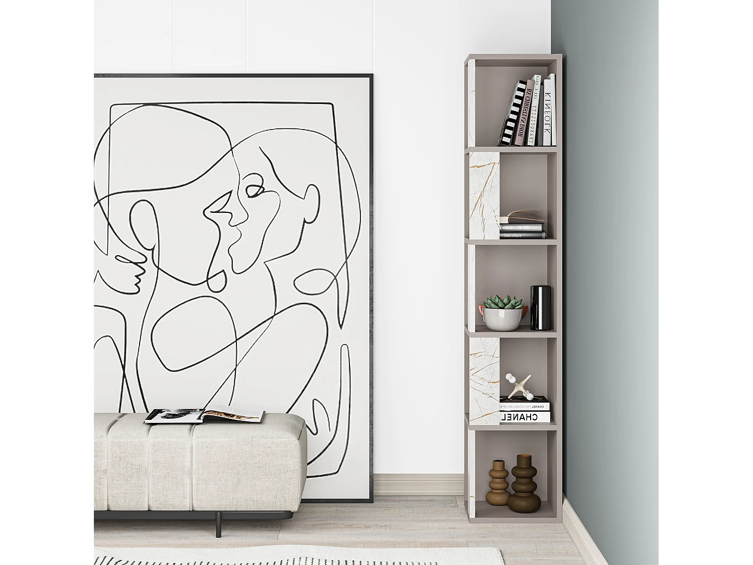 Decortie Piano Modern Corner Bookcase Display Unit Mocha Grey, Gold Marble Effect Tall 158.9cm