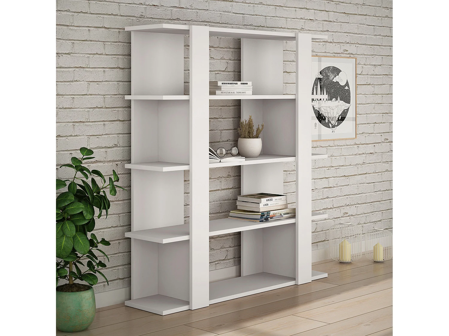 Decortie Tita Bibliothèque moderne à 4 niveaux étagère murale blanc 122cm