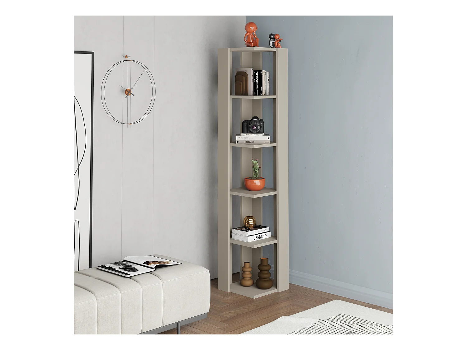 Decortie Nati Tall Corner Bookcase Modern Shelving Unit Space-Saving Storage Sandstone 161cm