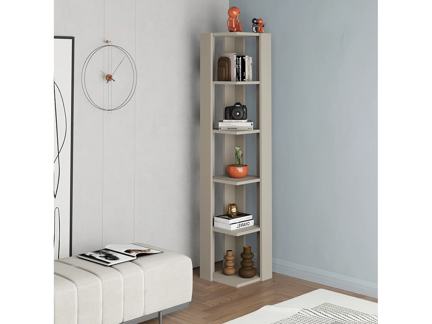 Decortie Nati Tall Corner Bookcase Modern Shelving Unit Space-Saving Storage Sandstone 161cm