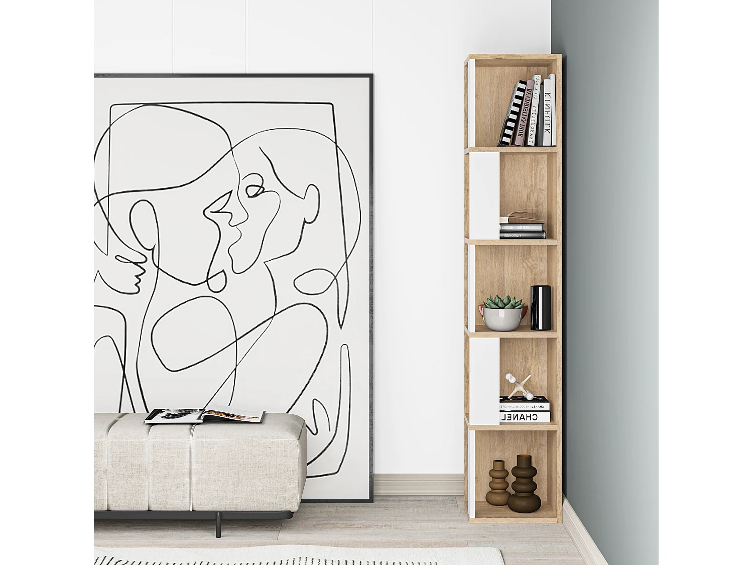 Decortie Piano Modern Corner Bookcase Display Unit Oak, White Tall 158.9cm