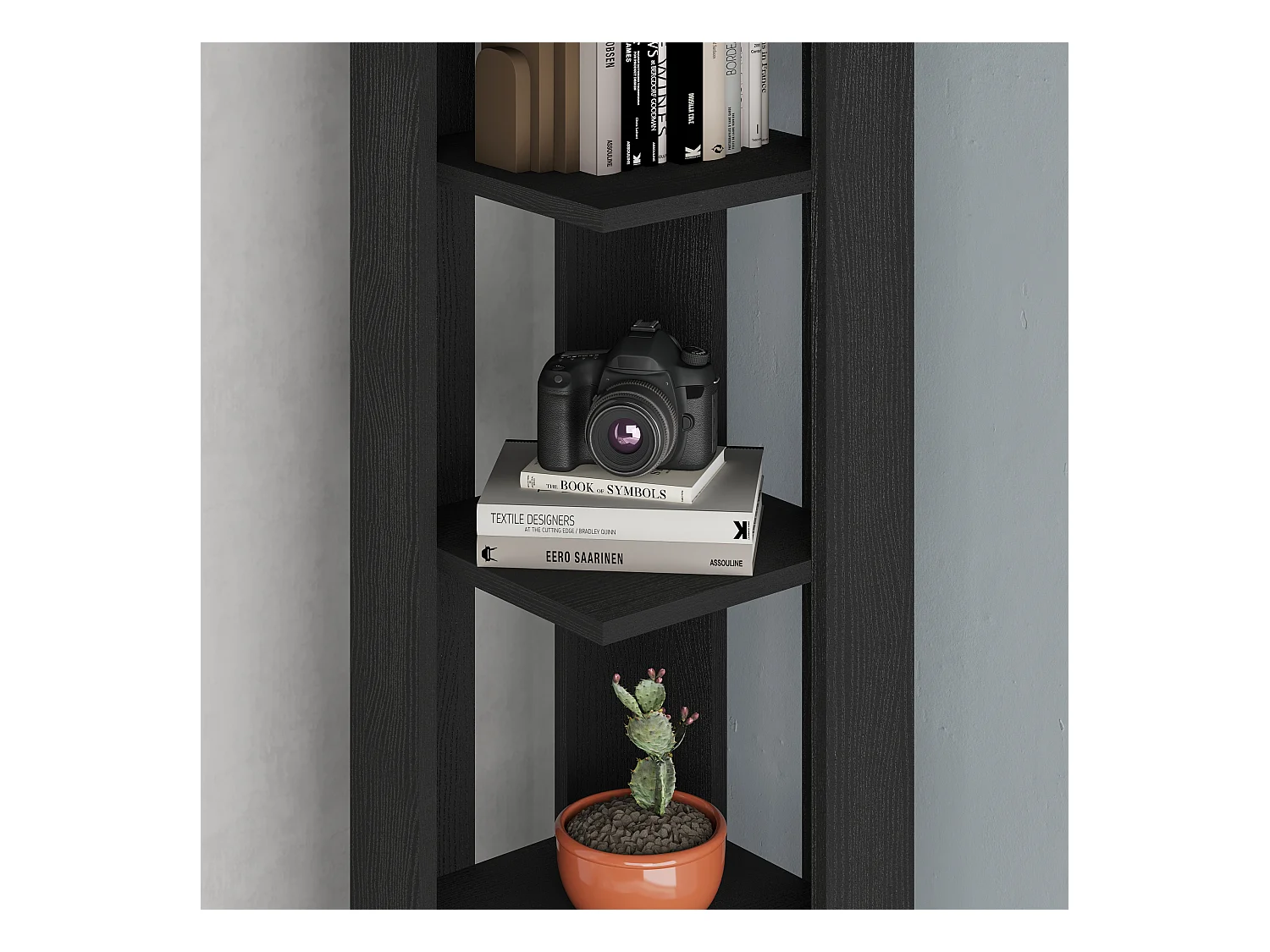 Decortie Nati Tall Corner Bookcase Modern Shelving Unit Space-Saving Storage Black Wood 161cm