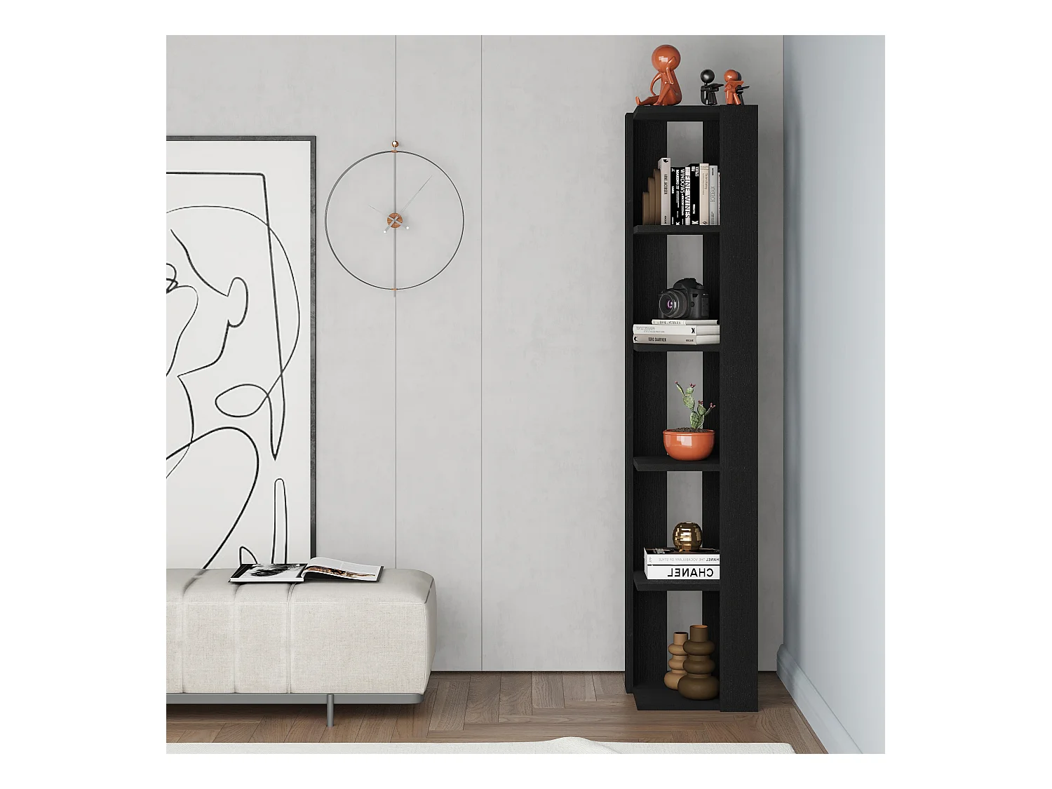 Decortie Nati Tall Corner Bookcase Modern Shelving Unit Space-Saving Storage Black Wood 161cm