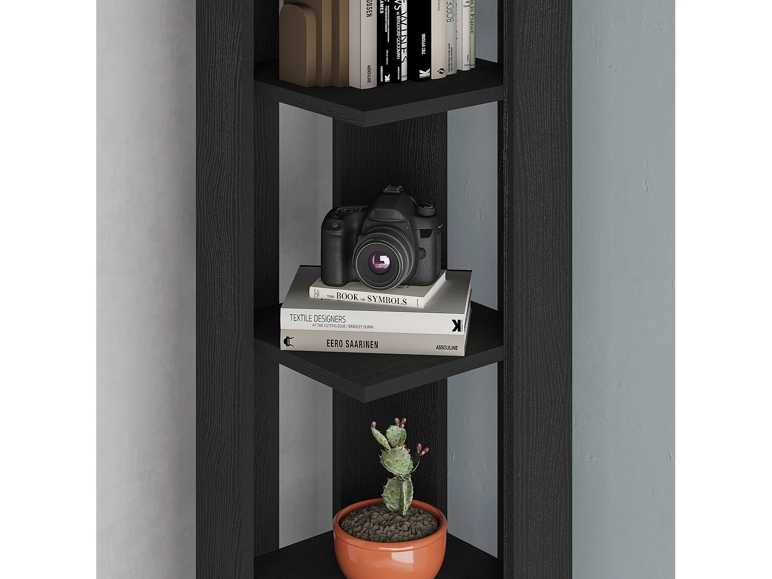Decortie Nati Tall Corner Bookcase Modern Shelving Unit Space-Saving Storage Black Wood 161cm