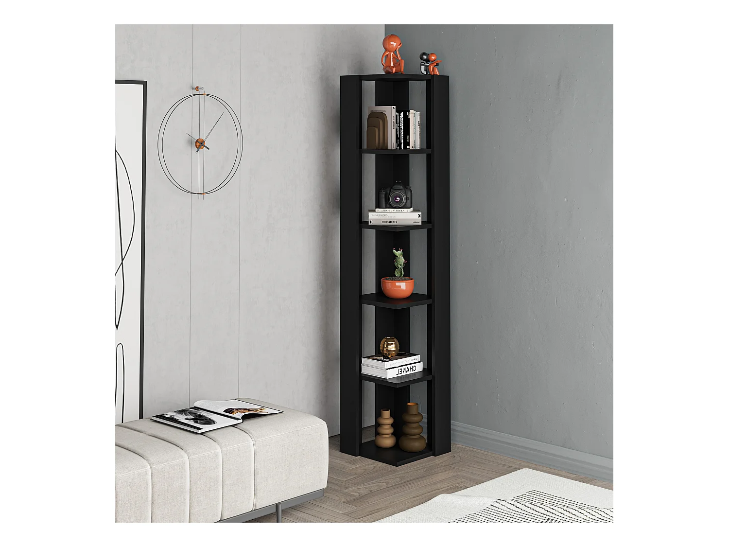 Decortie Nati Tall Corner Bookcase Modern Shelving Unit Space-Saving Storage Black Bute 161cm