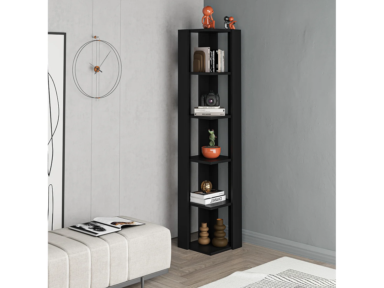 Decortie Nati Tall Corner Bookcase Modern Shelving Unit Space-Saving Storage Black Bute 161cm