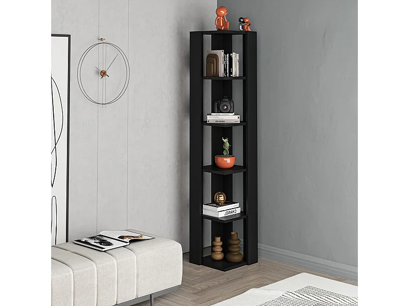 Decortie Nati Tall Corner Bookcase Modern Shelving Unit Space-Saving Storage Black Bute 161cm