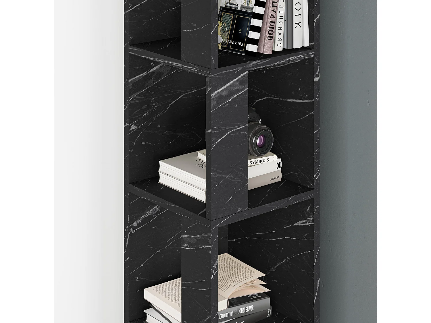 Decortie Piano Modern Corner Bookcase Tall Black Marble Effect Display Unit 158.9cm