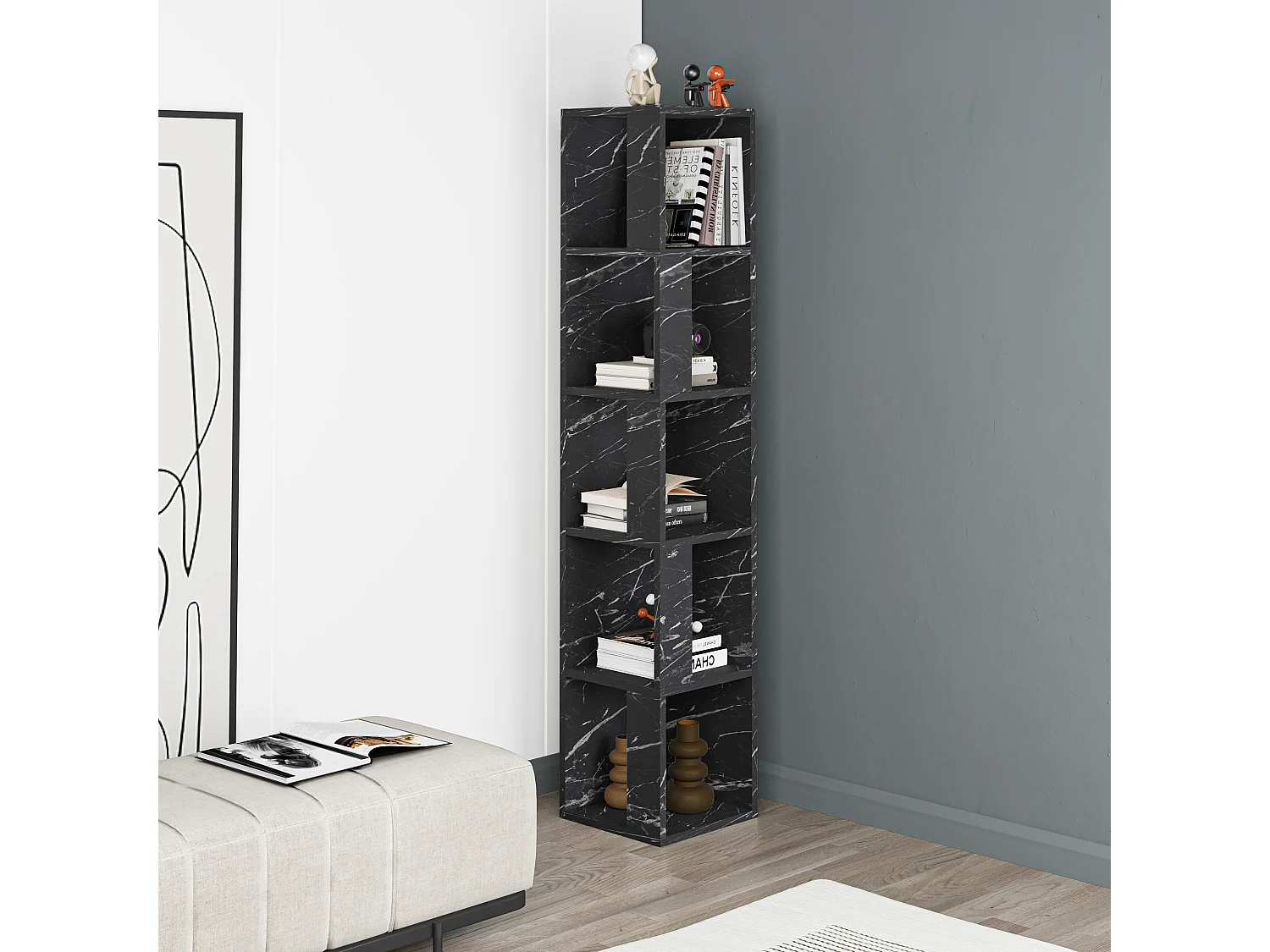 Decortie Piano Modern Corner Bookcase Tall Black Marble Effect Display Unit 158.9cm