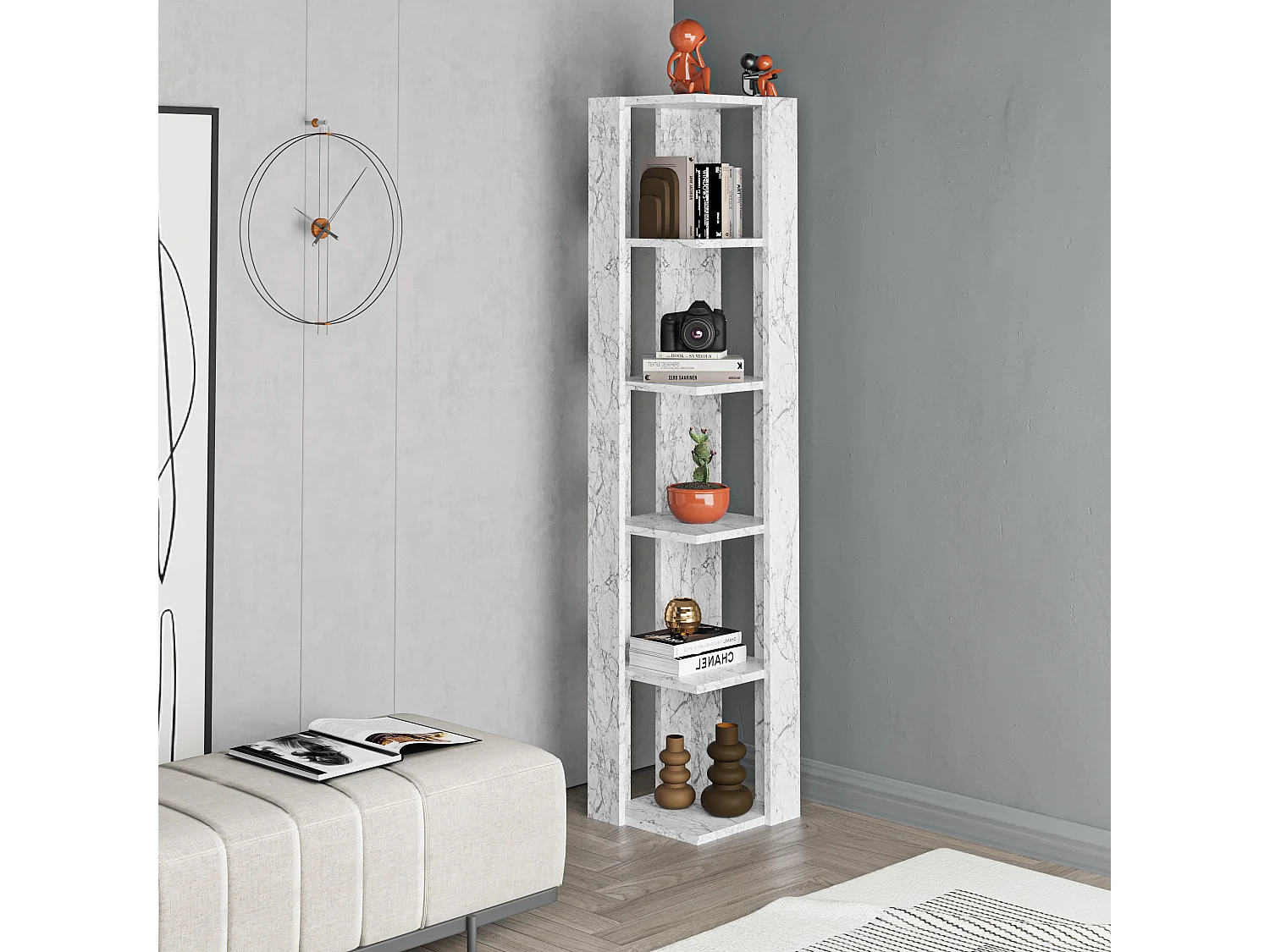 Decortie Nati Tall Corner Bookcase Modern Shelving Unit Space-Saving Storage White Marble Effect 161cm