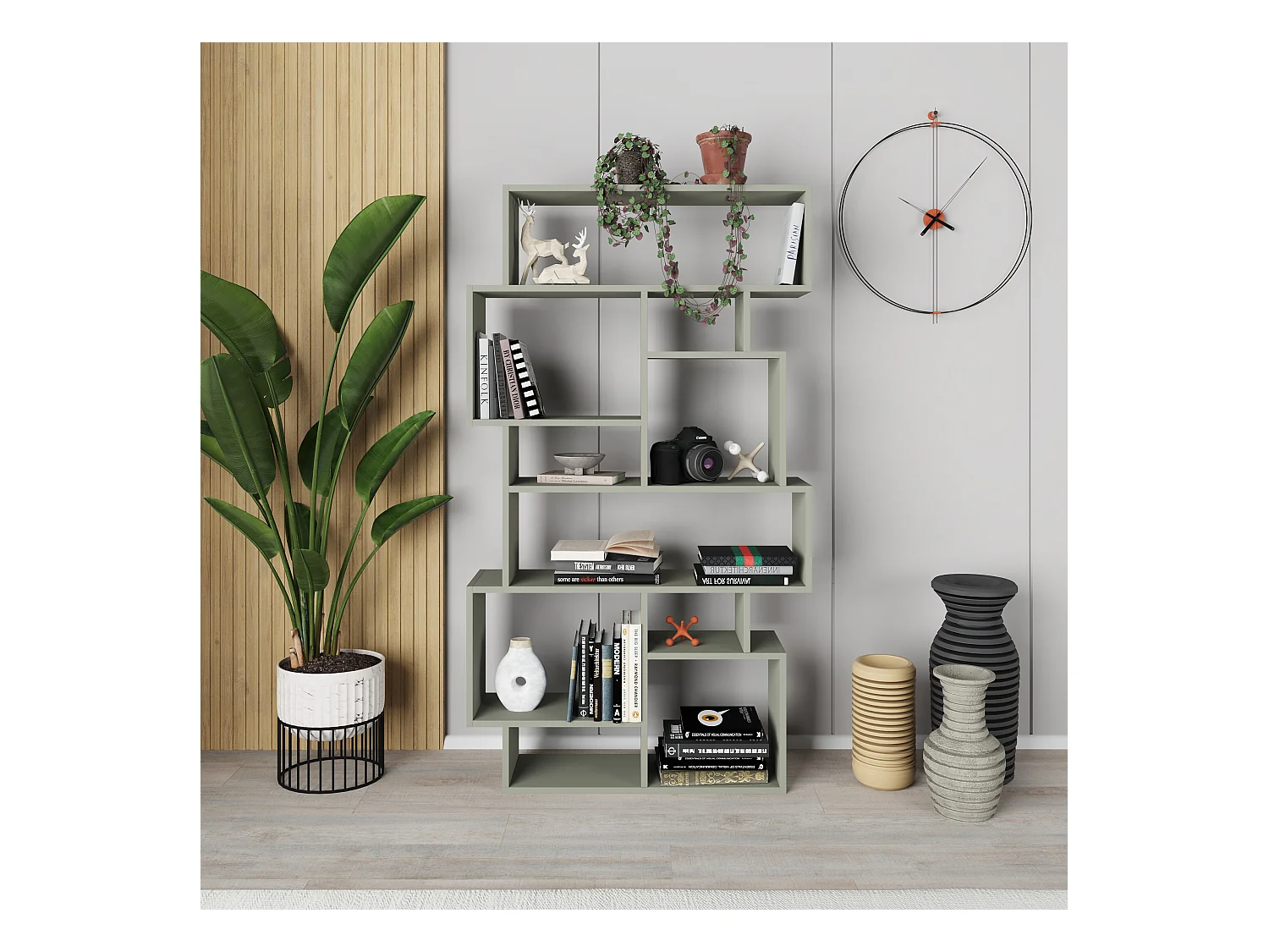 Decortie Karmato Bibliothèque moderne avec 10 compartiments Vert cendré 168.5cm de haut