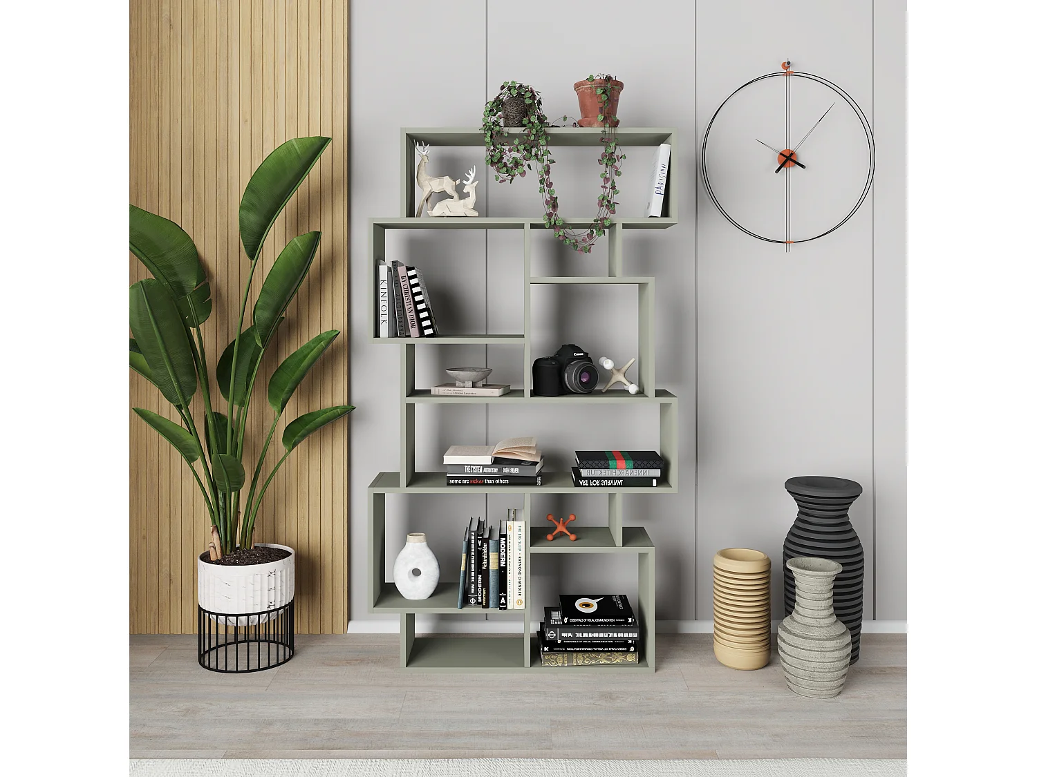 Decortie Karmato Bibliothèque moderne avec 10 compartiments Vert cendré 168.5cm de haut