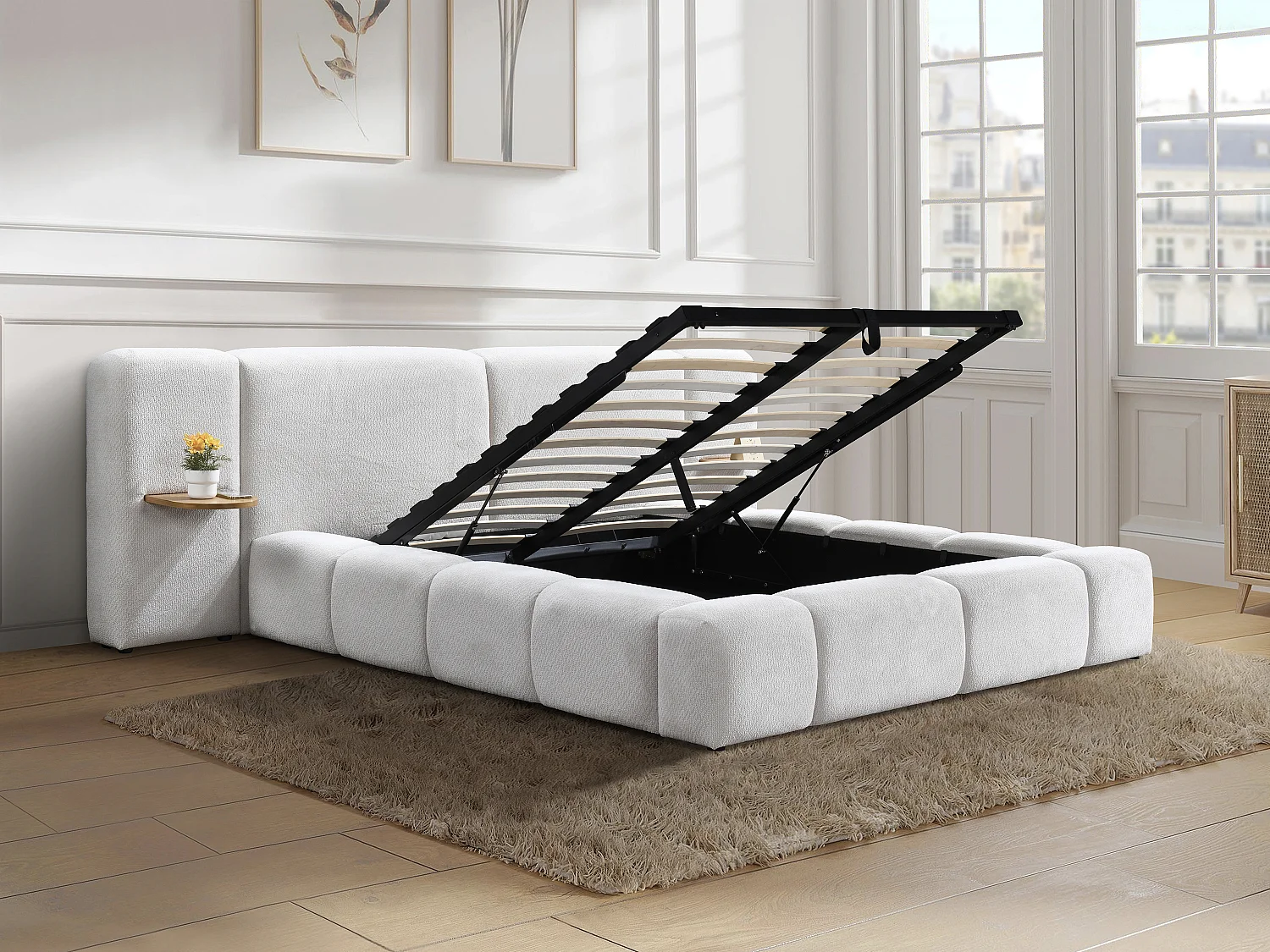 Lit coffre avec chevets 160 x 200cm – Tissu bouclette – Beige – VILACO