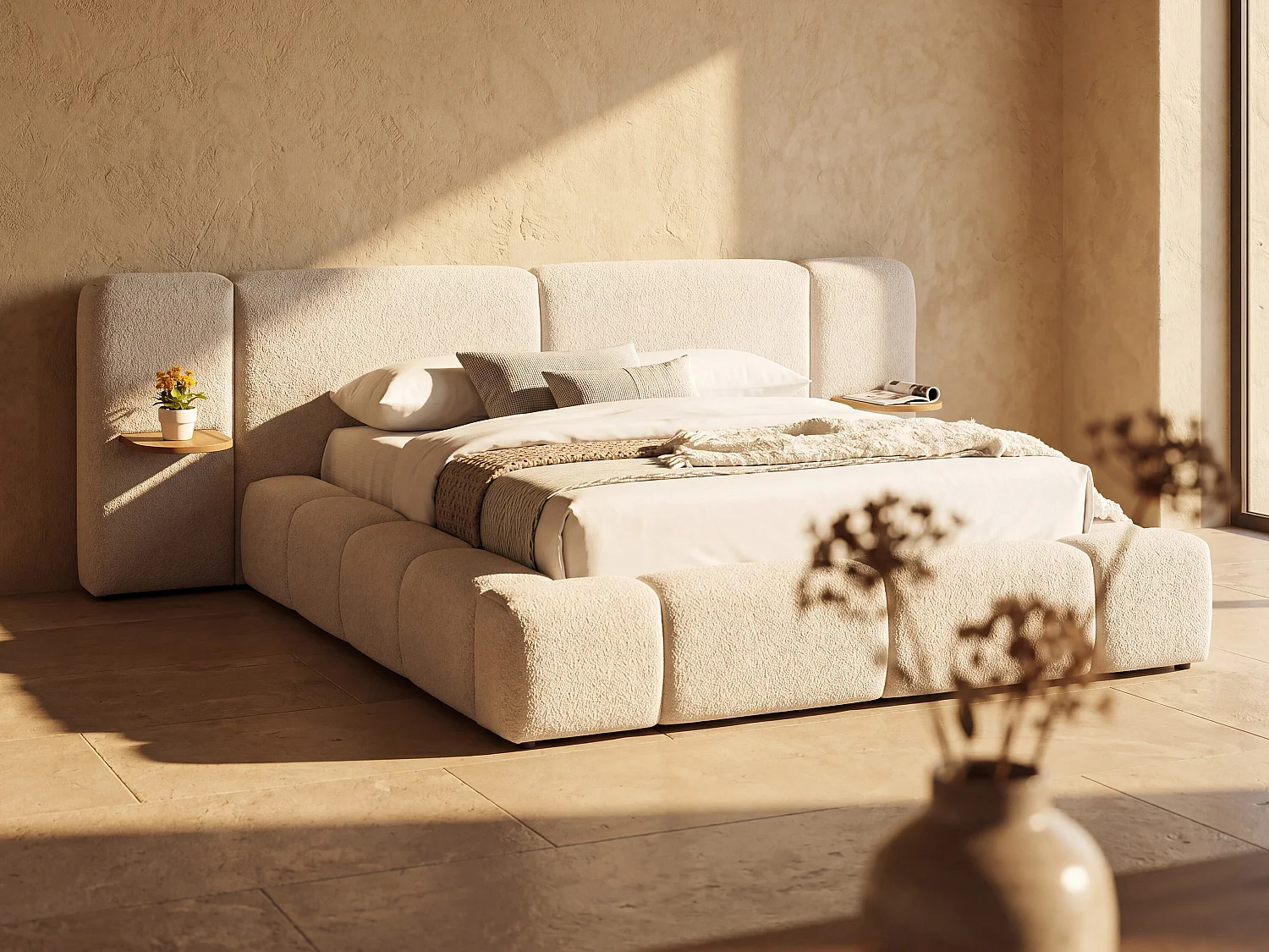 Letto contenitore con comodini 160 x 200cm Tessuto bouclette Beige – VILACO