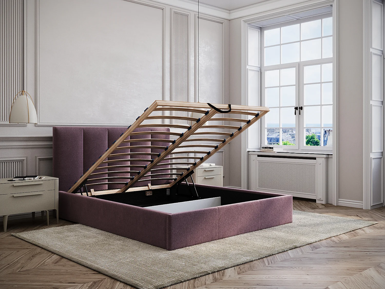 Bed met opbergruimte 160 x 200 cm met hoofdbord met verticale naden - Stof - Bordeaux - KILACLO