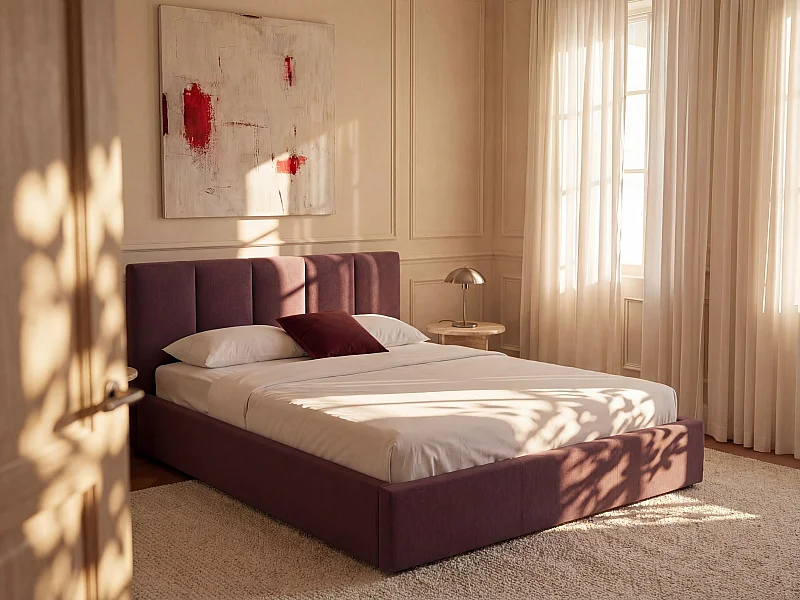 Lit coffre 160 x 200 cm avec tête de lit coutures verticales - Tissu - Bordeaux - KILACLO