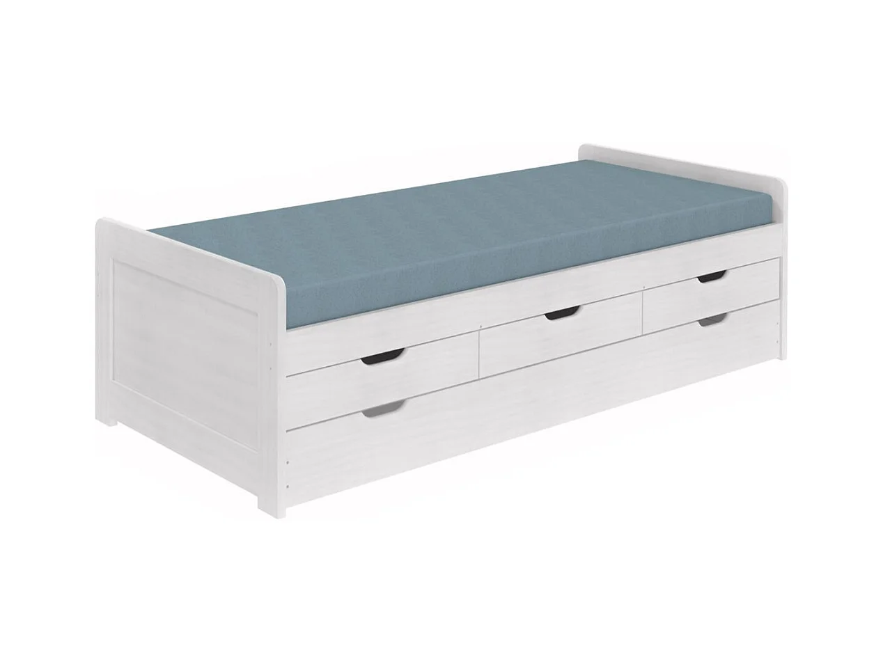 TOMMY - Lit Gigogne 90x200 avec Tiroirs en Bois Massif Cérusé Blanc