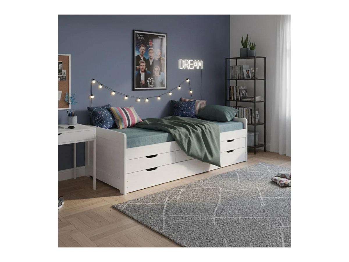 TOMMY - Lit Gigogne 90x200 avec Tiroirs en Bois Massif Cérusé Blanc