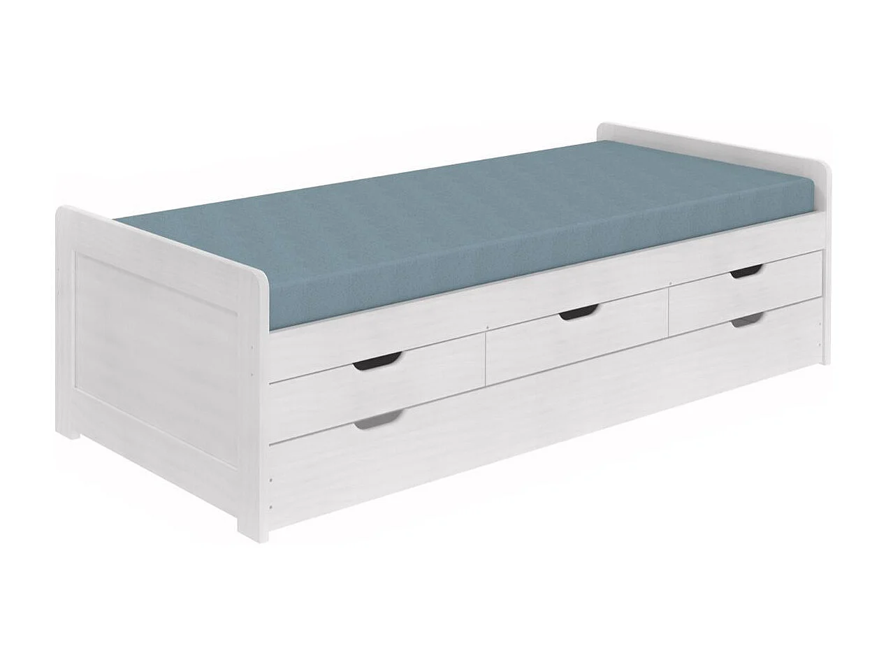 TOMMY - Lit Gigogne 90x200 avec Tiroirs en Bois Massif Cérusé Blanc