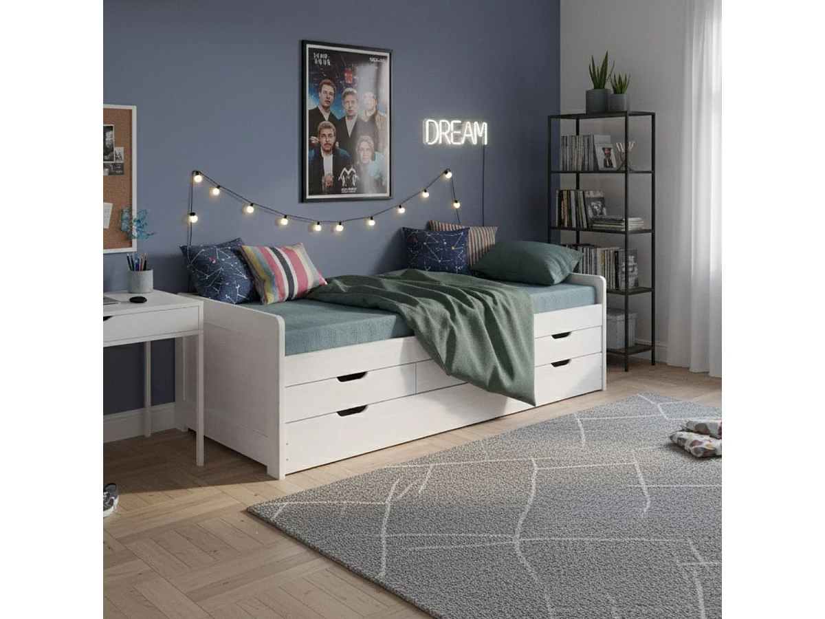 TOMMY - Lit Gigogne 90x200 avec Tiroirs en Bois Massif Cérusé Blanc