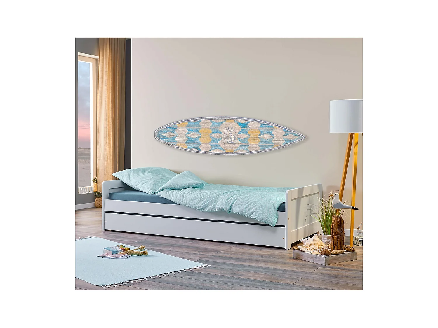 SALLY - Lit Gigogne 90x200 en Bois Massif Vernis Blanc