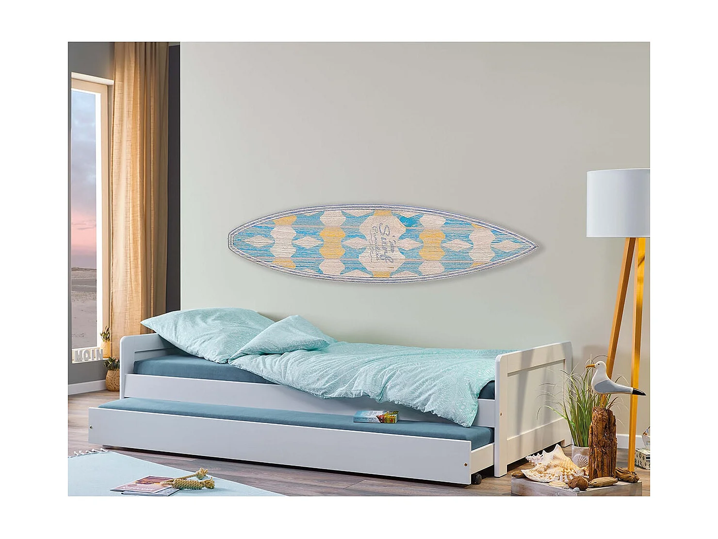 SALLY - Lit Gigogne 90x200 en Bois Massif Vernis Blanc