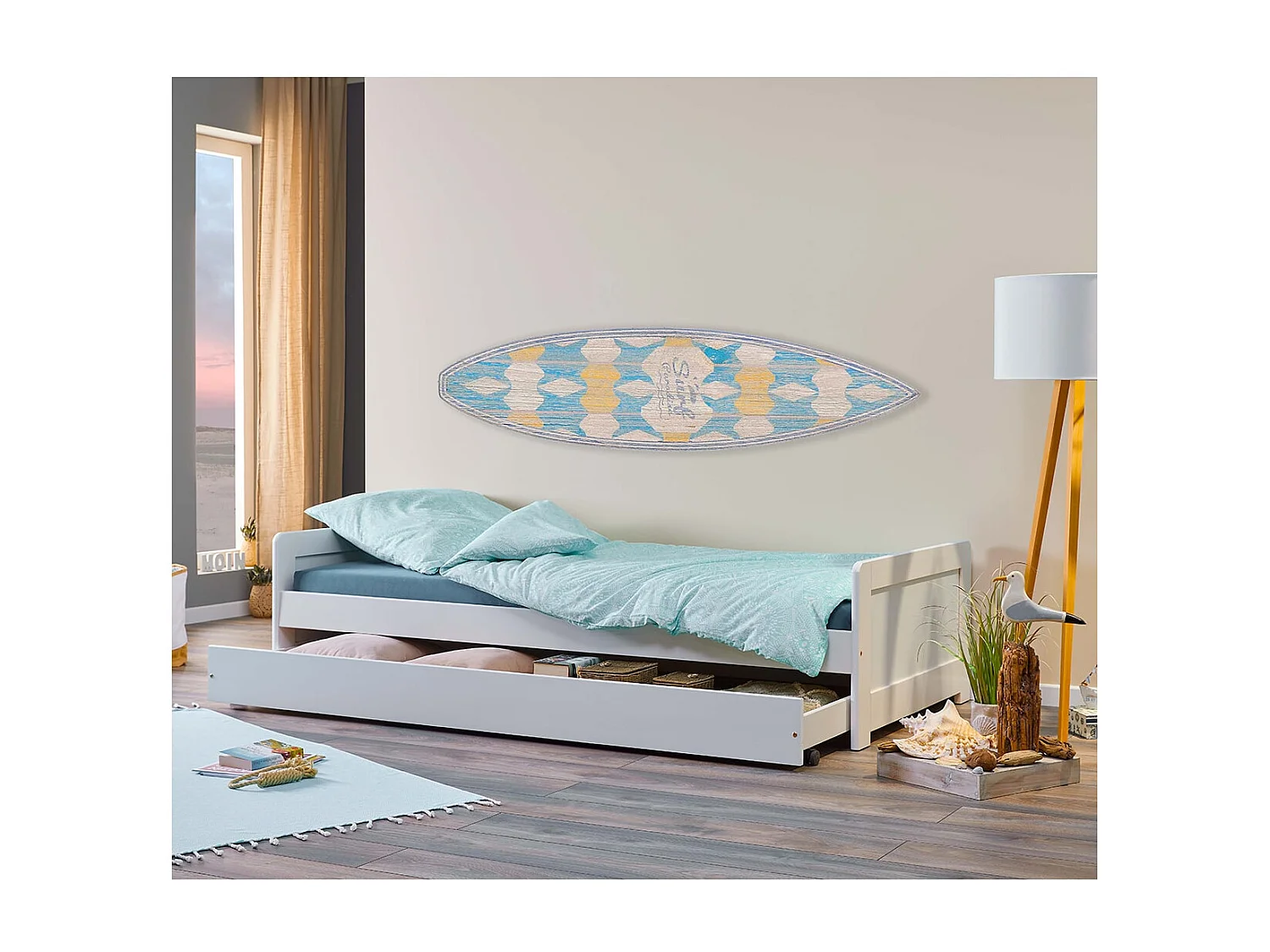 SALLY - Lit Gigogne 90x200 en Bois Massif Vernis Blanc