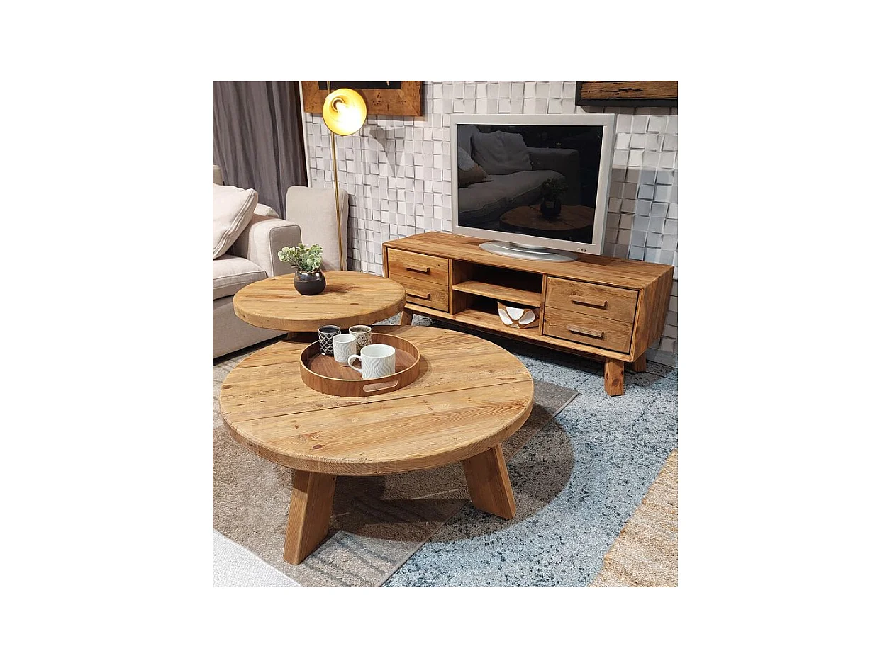 Table basse ronde 60 cm en bois massif recyclé 3 pieds - CHALET