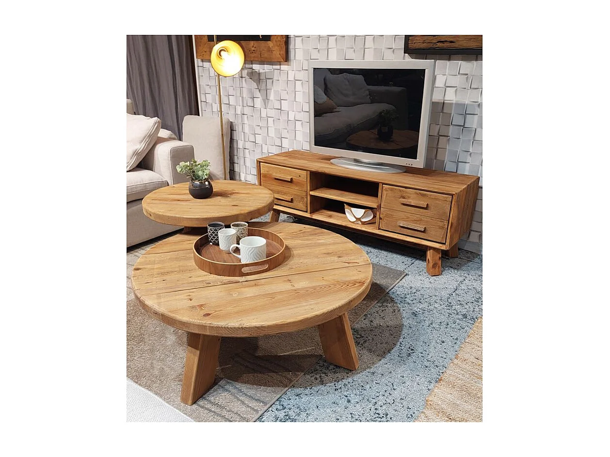 Table basse ronde 60 cm en bois massif recyclé 3 pieds - CHALET