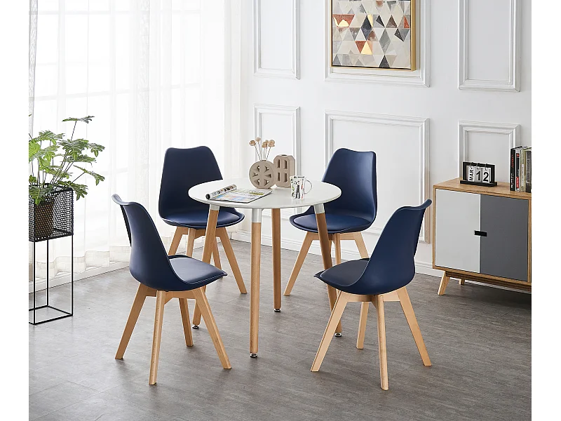 LORENZO HALO - Ensemble Salle à Manger - Table Blanche Ronde + 4 Chaises Scandinaves Bleues