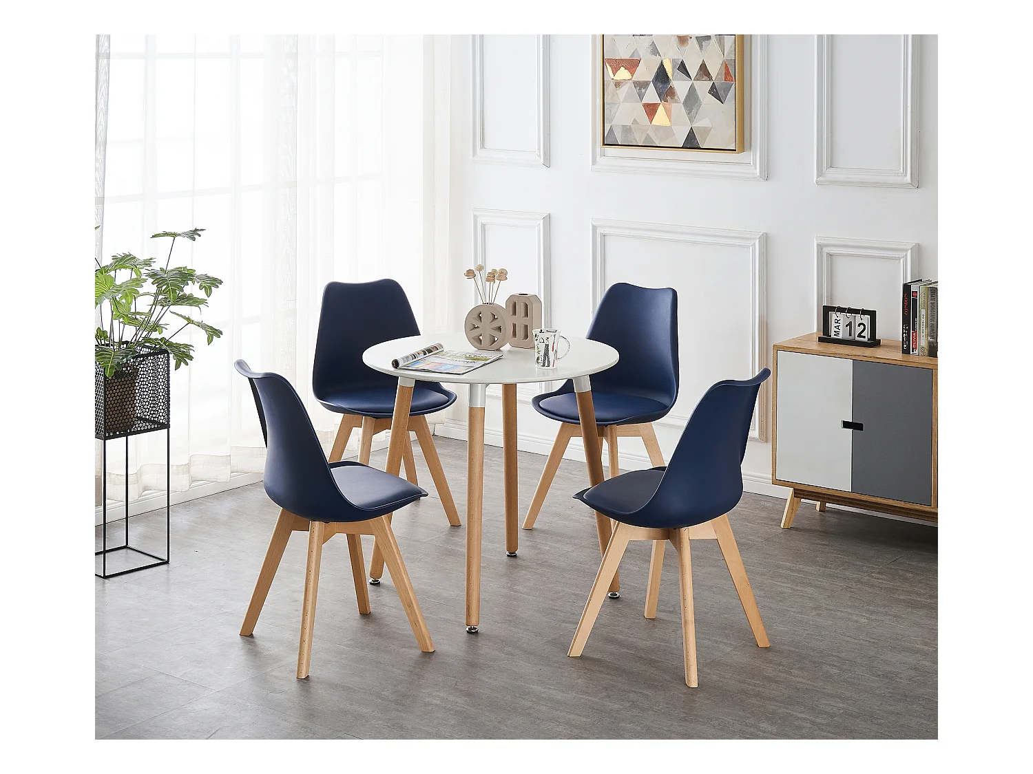 LORENZO HALO - Ensemble Salle à Manger - Table Blanche Ronde + 4 Chaises Scandinaves Bleues