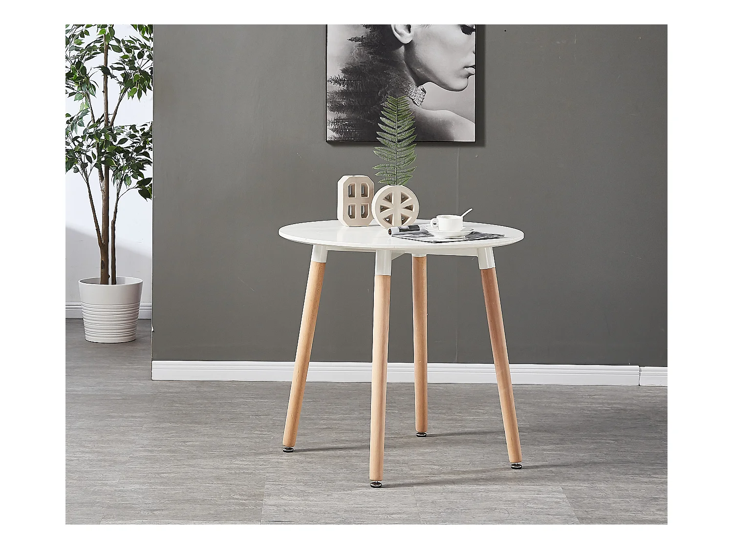 LORENZO HALO - Ensemble Salle à Manger - Table Blanche Ronde + 4 Chaises Scandinaves Bleues