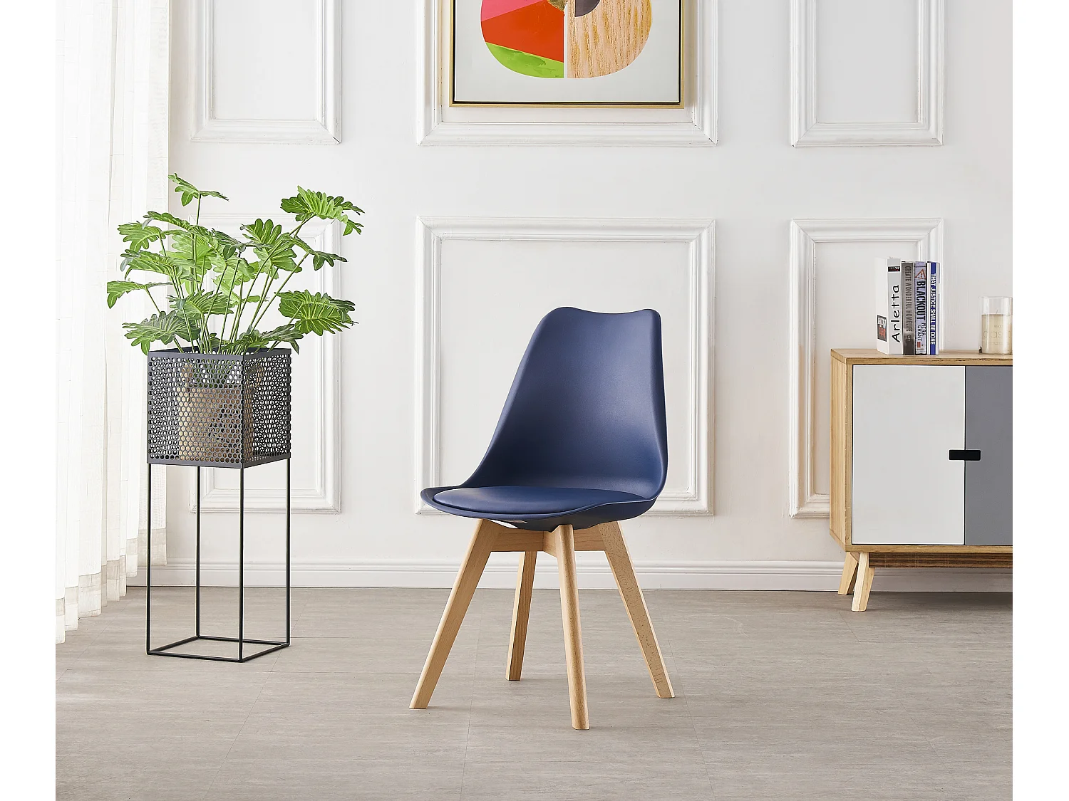 LORENZO HALO - Ensemble Salle à Manger - Table Blanche Ronde + 4 Chaises Scandinaves Bleues