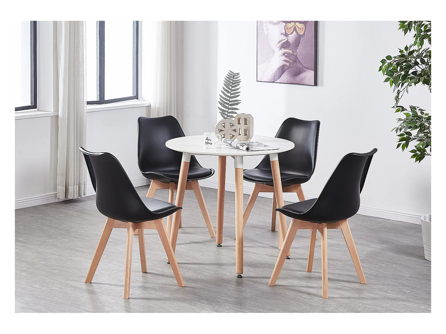 LORENZO HALO - Ensemble Salle à Manger - Table Blanche Ronde + 4 Chaises Scandinaves Noires