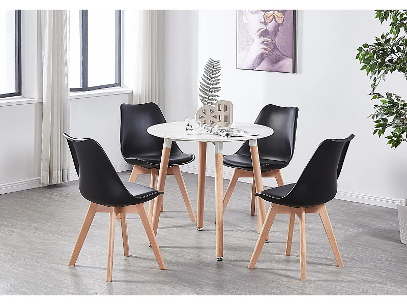 LORENZO HALO - Ensemble Salle à Manger - Table Blanche Ronde + 4 Chaises Scandinaves Noires